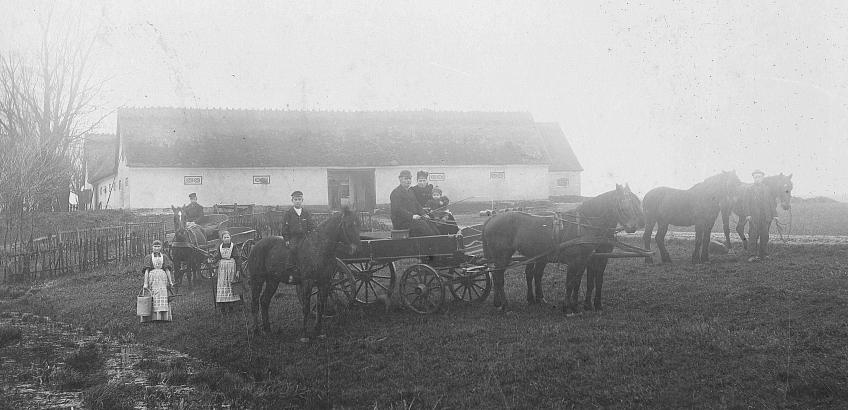 Rosengården og gårdens beboere; Peder Jensen og Sidse Marie Olsen i hestevogn i 1898